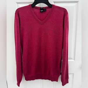 Hugo Boss Men's Burgundy Wool V-Neck Sweater